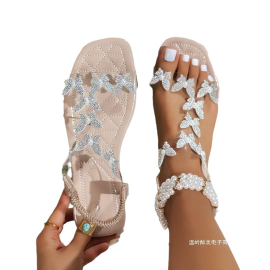 Damen Glamouröse Zehentrenner-Sandalen mit funkelnden Schmetterlingsapplikationen EB
