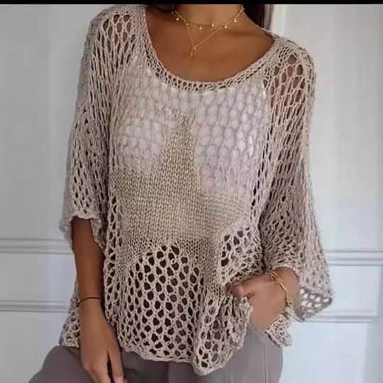 Damen nan oversized gehäkelter Pullover mit Sternapplikation und 3/4-Ärmeln EB