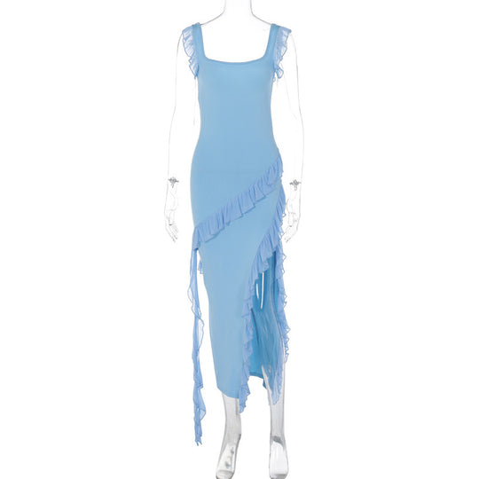 Damen asymmetrisches Maxi-Kleid mit Rüschendetails und hohem Schlitz EB