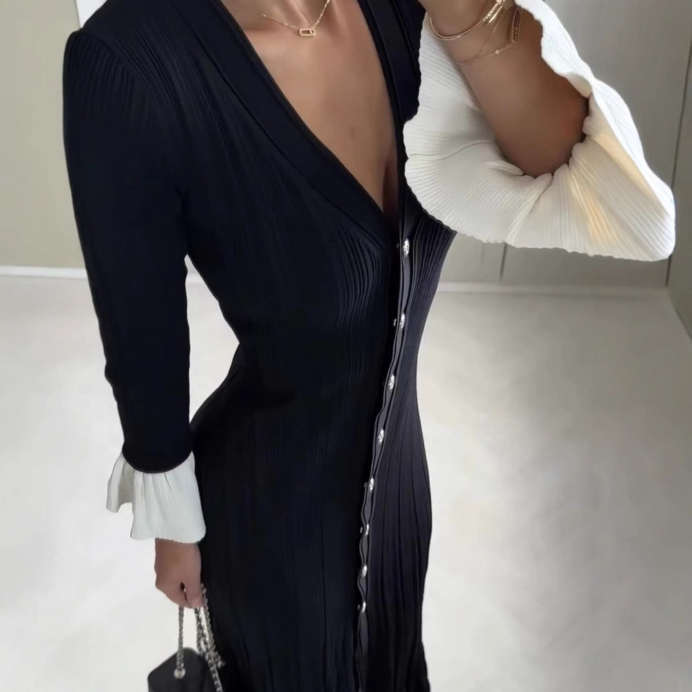 Damen Maxikleid mit eleganten Rüschenärmeln und Knopfdetails EB