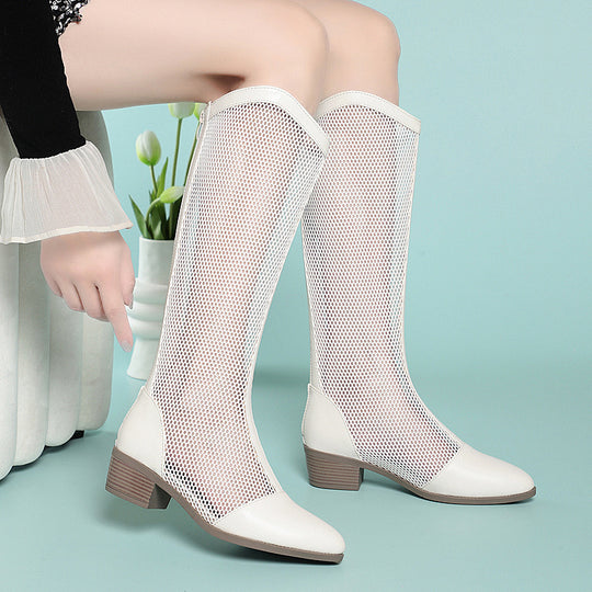 Damen Modische Stiefel mit transparentem Netzdesign und komfortablem Blockabsatz EB