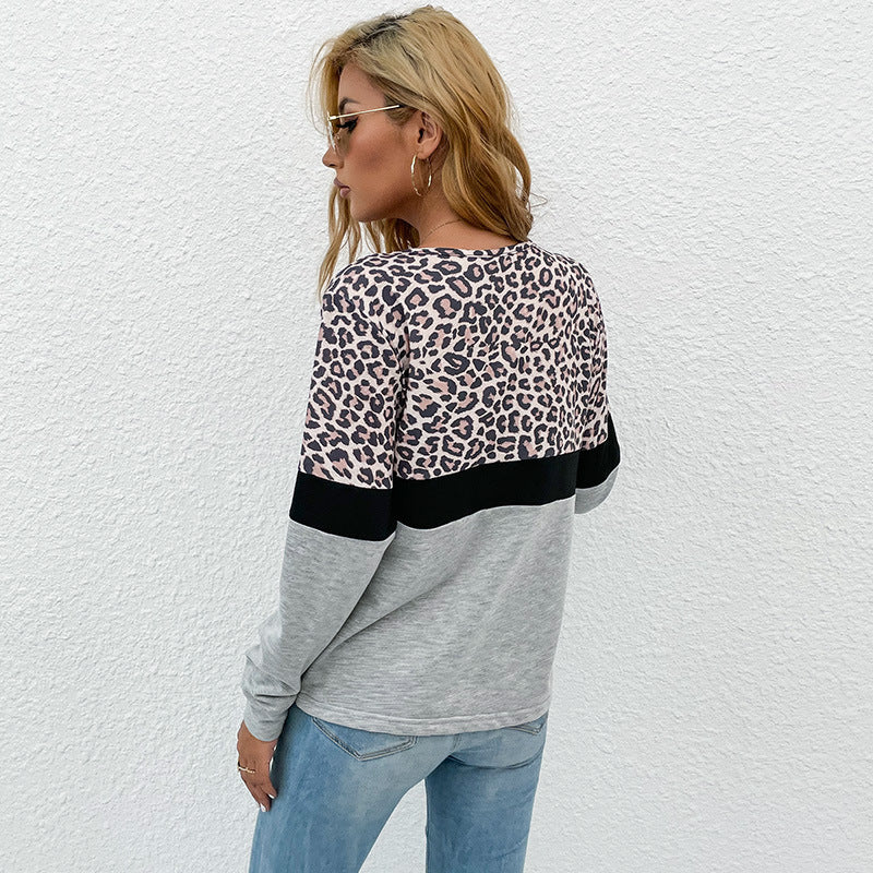 Damen V-Ausschnitt Sweatshirt mit Leopardenmuster und Kontrastband EB
