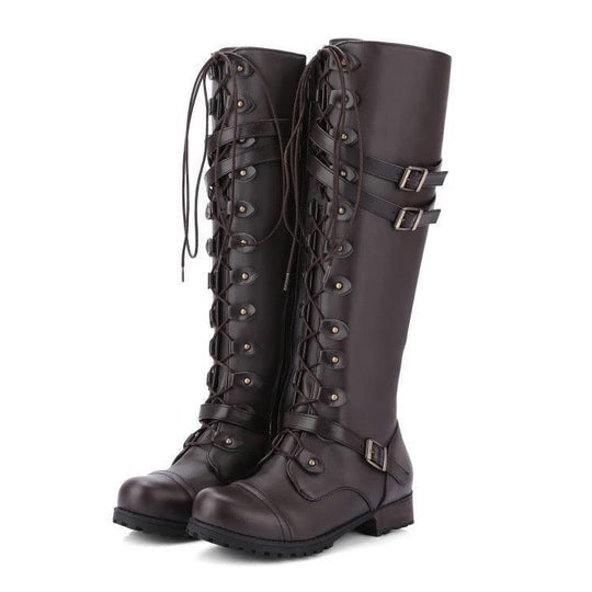 EB | Flache Retro-Stiefel mit Schnalle und Schnürsenkeln