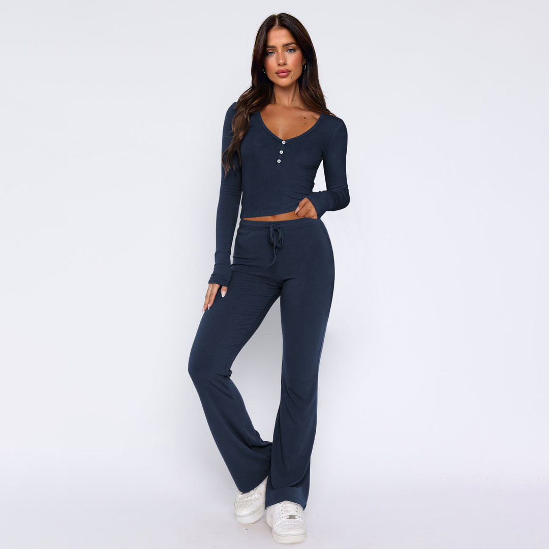 Damen bequemes Oberteil mit Knopfleiste und lockerer Hose EB