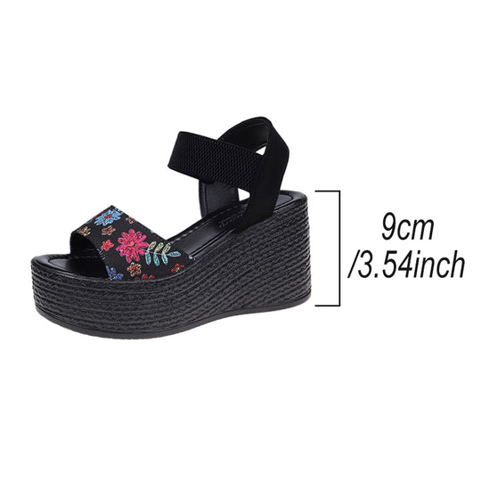 Damen Wedge-Sandalen mit floralem Design und elastischen Riemen EB