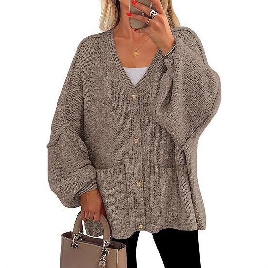 Damen Oversized Strickjacke mit Knöpfen und großen Taschen EB