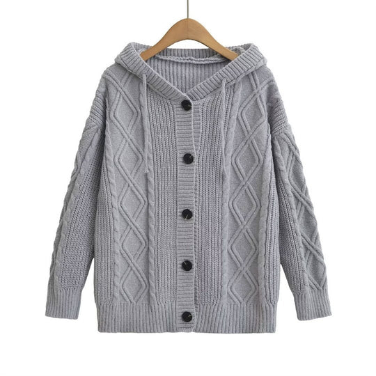 Damen Strickjacke mit Kapuze und modischem Zopfmuster EB