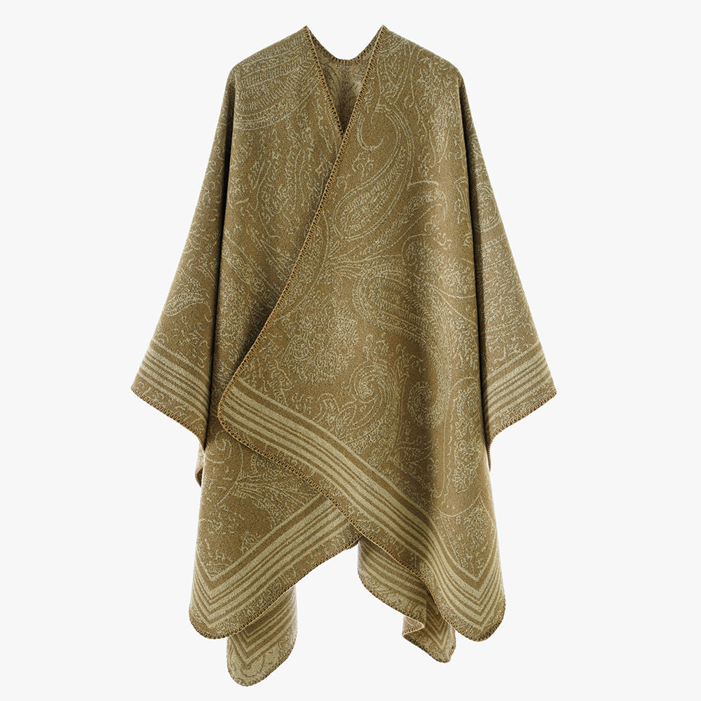 Damen Jacquard-Poncho im Ruana-Schnitt mit Paisley-Muster und breiter Bordüre EB