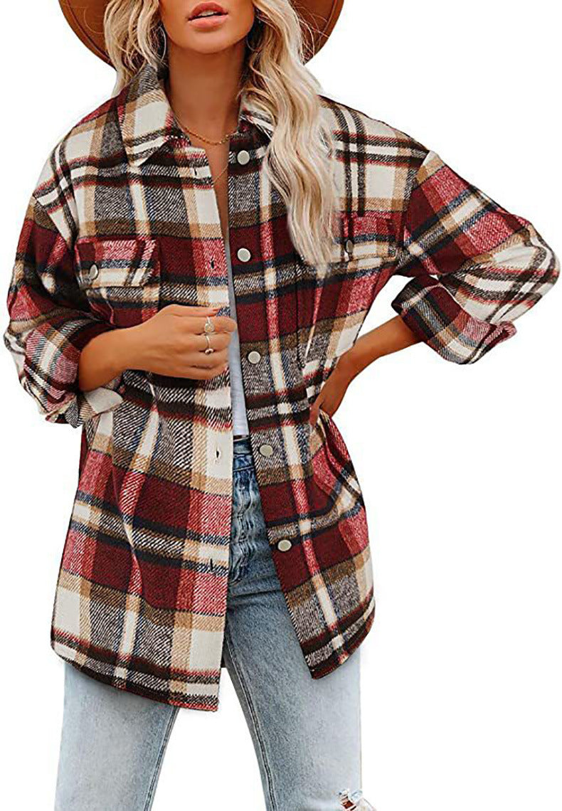 Damen Oversized Hemdjacke mit kariertem Muster und praktischen Taschen EB