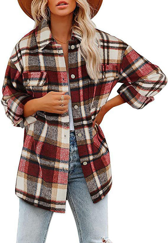 Damen Oversized Hemdjacke mit kariertem Muster und praktischen Taschen EB