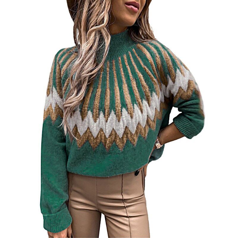 Damen Modischer Grobstrickpullover mit grafikintensivem Design und hohen Kragen EB