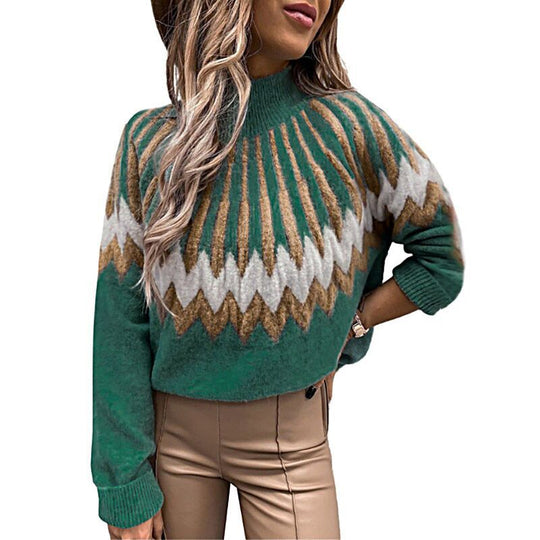 Damen Modischer Grobstrickpullover mit grafikintensivem Design und hohen Kragen EB