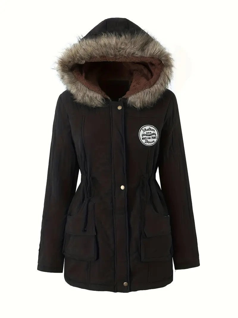 Damen taillierter Parka mit Teddyfutter, Kunstfellkapuze und Multifunktions-Taschen EB