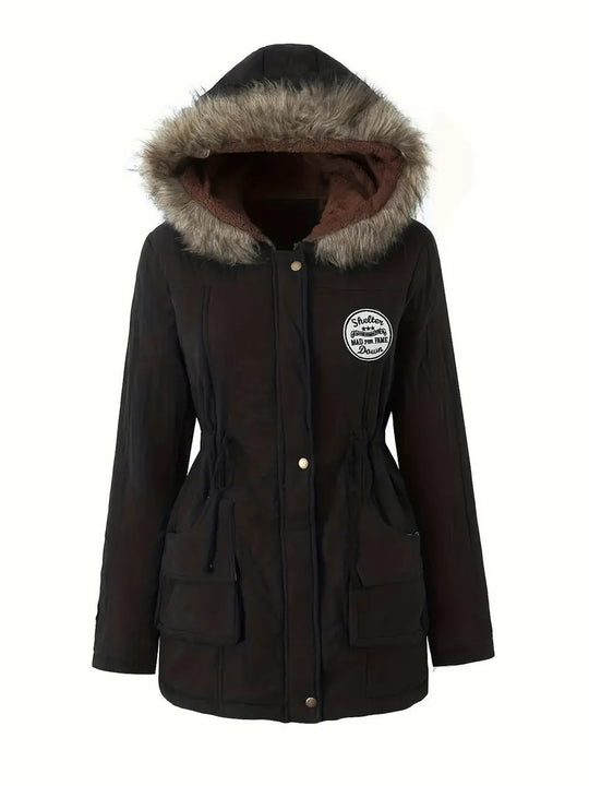 Damen taillierter Parka mit Teddyfutter, Kunstfellkapuze und Multifunktions-Taschen EB