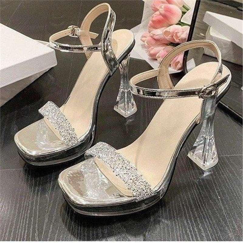 Damen High Heel Sandalen mit funkelnden Strassverzierungen und klarem Blockabsatz EB
