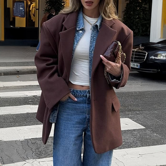 Damen nan oversized Longblazer mit kastigem Schnitt, Reverskragen, gefütterten Pattentaschen und strukturierter Wollmischung EB
