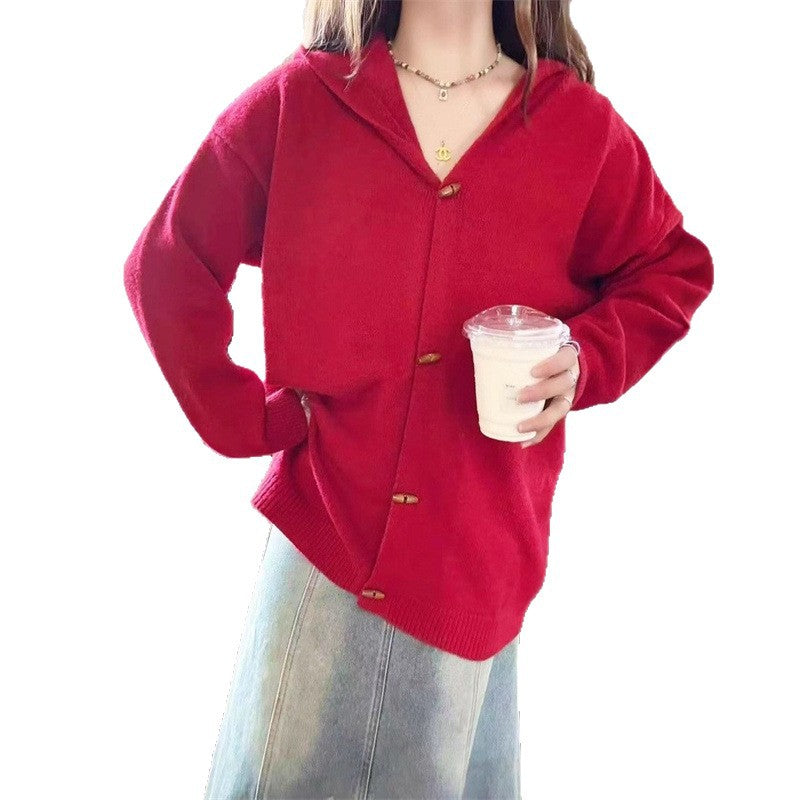 Damen stylische Strickjacke mit Kapuze und dekorativen Knöpfen EB
