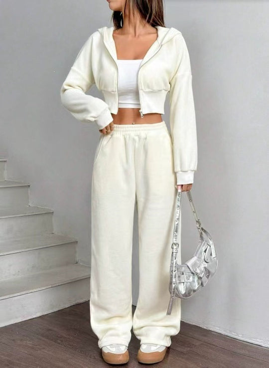 Damen nan kurzes Kapuzen-Sweatshirt mit Reißverschluss und weite High-Waist Jogginghose EB