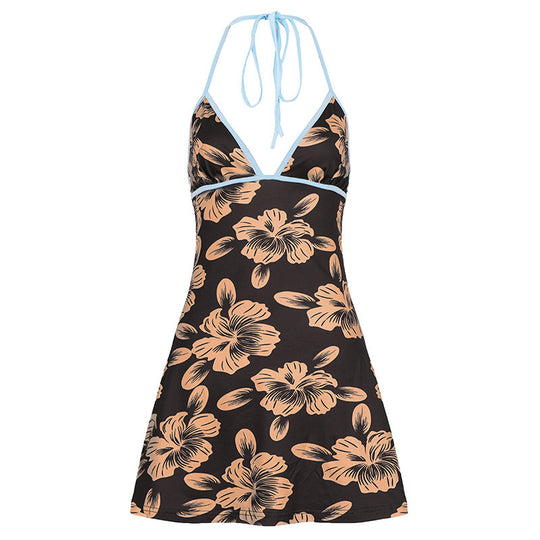 Damen Blütenmuster Strandkleid mit Spaghetti-Trägern und offener Rückenpartie EB