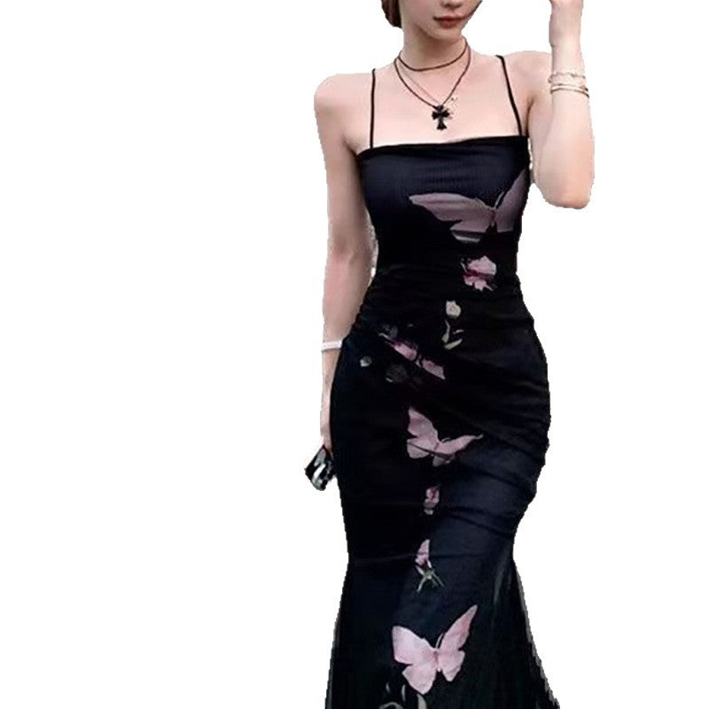 Damen elegantes Wickelkleid mit floralem Schmetterlingsdruck und verstellbaren Spaghetti-Trägern EB