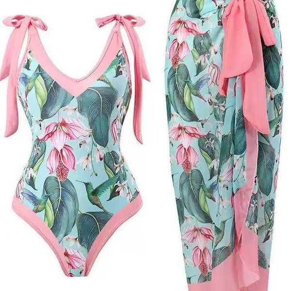 Damen Badeanzug mit floralem Design und transparentem Wickelrock EB