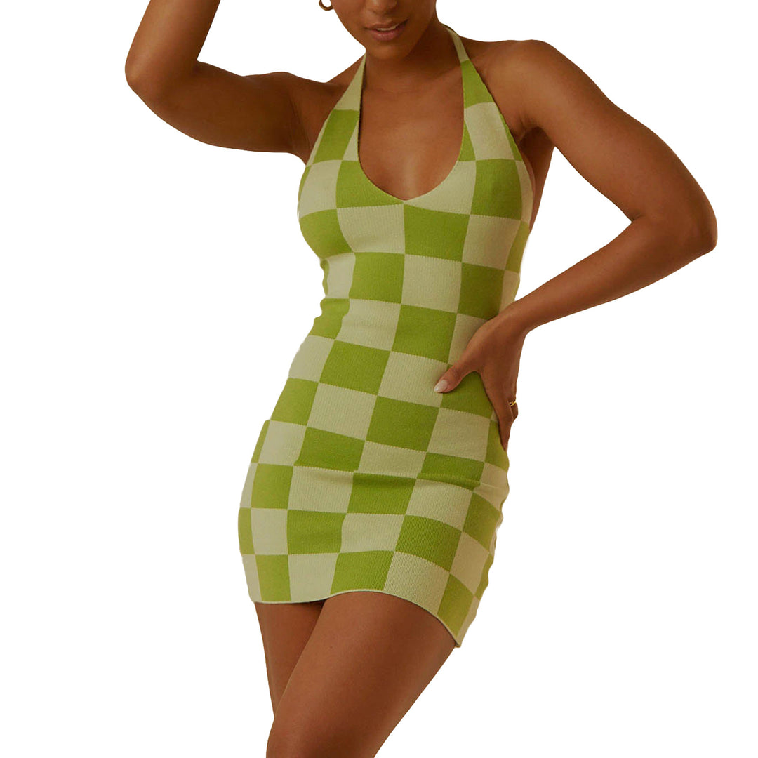 Damen enganliegendes Karomuster-Kleid mit tiefem V-Ausschnitt EB