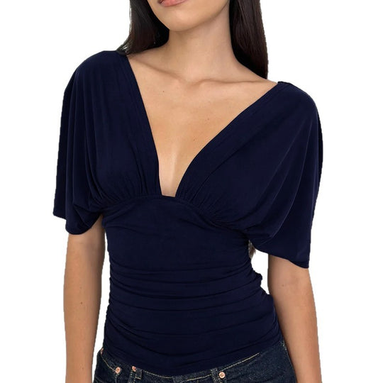 Damen Elegantes Oberteil mit tiefem V-Ausschnitt und lässigem Drapierungsdesign EB