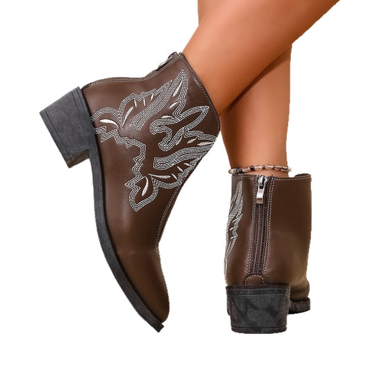 Damen elegante Ankle-Boots mit dekorativen Stickdetails und bequemem Blockabsatz EB