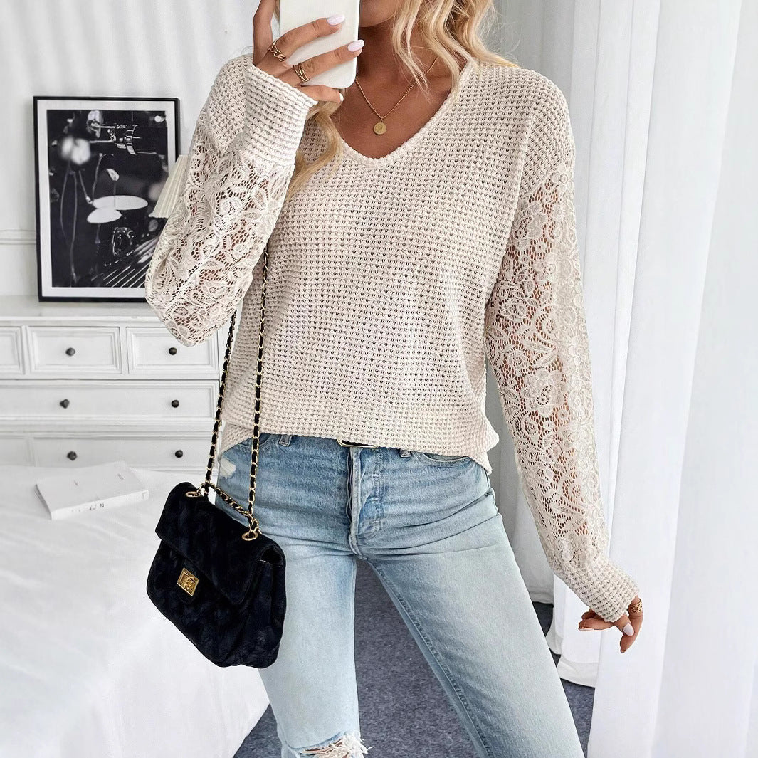 Damen nan locker geschnittener Waffelstrick-Pullover mit floralen Spitzeneinsätzen an den Ärmeln EB