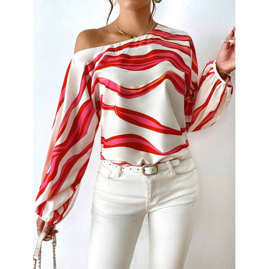 Damen Off-Shoulder Bluse mit kunstvollem Muster und voluminösen Ärmeln EB