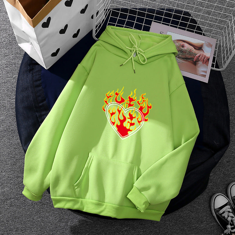 Damen nan leichter Oversize Kapuzenpullover mit Herz‑EKG‑Motiv, langen Kordeln und elastischem Bund EB