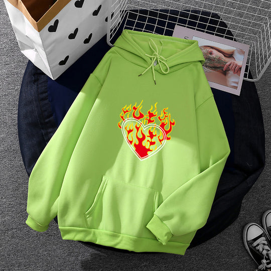 Damen nan leichter Oversize Kapuzenpullover mit Herz‑EKG‑Motiv, langen Kordeln und elastischem Bund EB