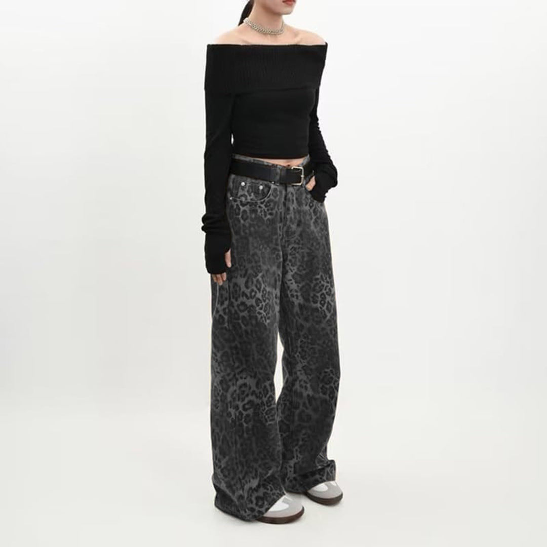 Damen nan weite High‑Waist Palazzohose im Leomuster mit Five‑Pocket‑Schnitt und entspanntem Bein EB