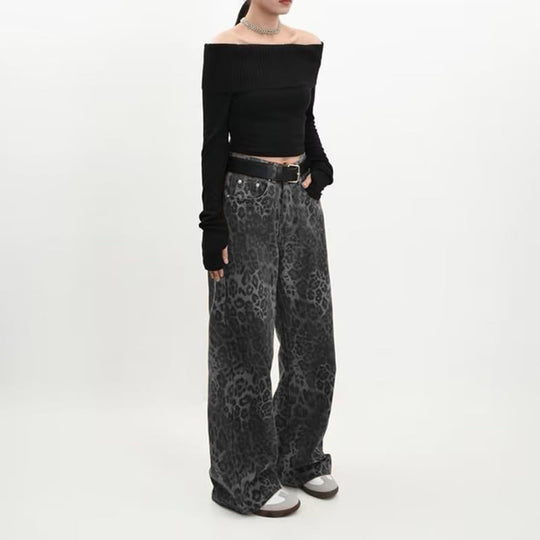 Damen nan weite High‑Waist Palazzohose im Leomuster mit Five‑Pocket‑Schnitt und entspanntem Bein EB