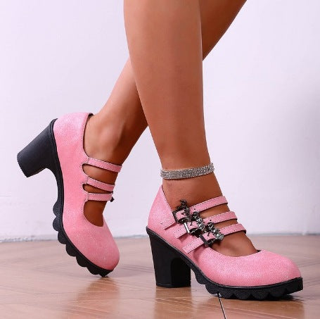 Damen Elegante und modische Blockabsatz-Sandalen mit doppeltem Riemendesign EB