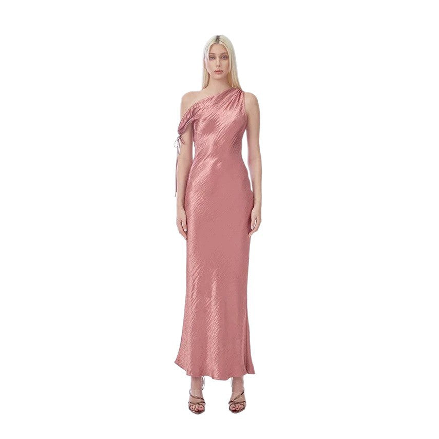 Damen elegantes langes asymmetrisches Kleid mit raffiniertem Rüschendetail EB