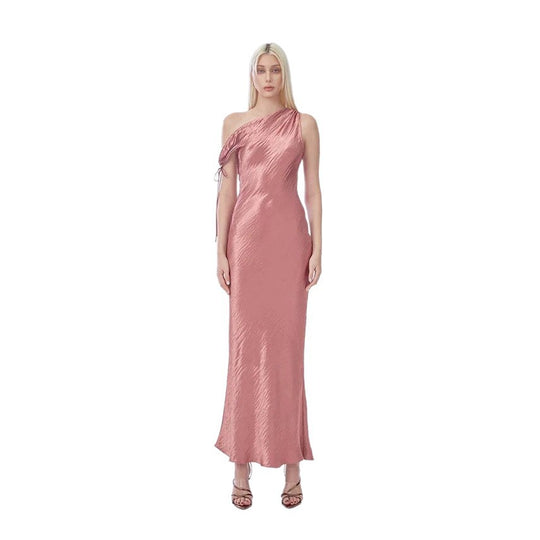 Damen elegantes langes asymmetrisches Kleid mit raffiniertem Rüschendetail EB