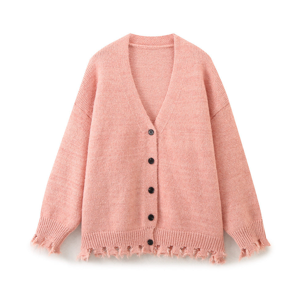 Damen lässige Strickjacke mit fransigem Saum und knöpfbarem Verschluss EB