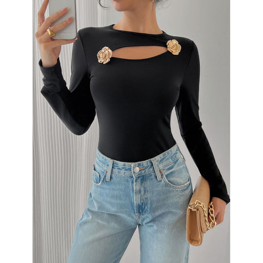 Damen Elegantes Langarm-Bodysuit mit dekorativen Blumenakzenten EB