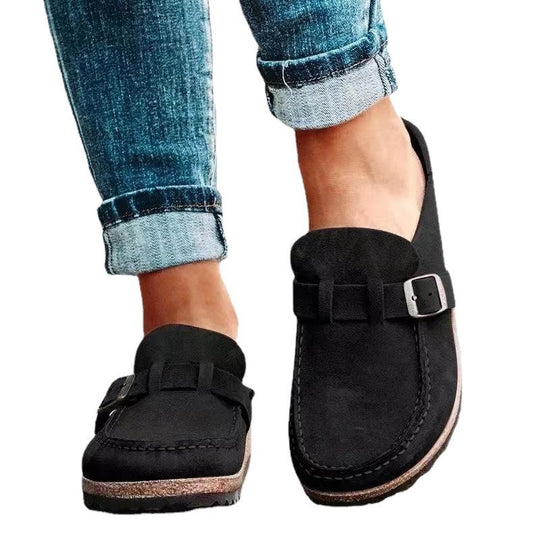 Damen Veloursleder-Slipper mit ergonomischer Korksohle und verstellbarem Schnallenriemen EB