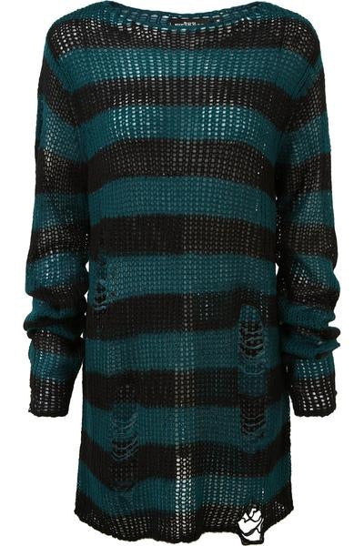 Damen nan Oversized Grobstrickpullover mit breiten Blockstreifen und aufgerissenem Design EB