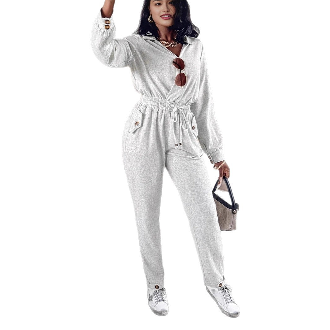 Damen Lässiger Jersey-Overall mit Wickelkragen, Kordel-Taille und aufgesetzten Knopf-Taschen EB