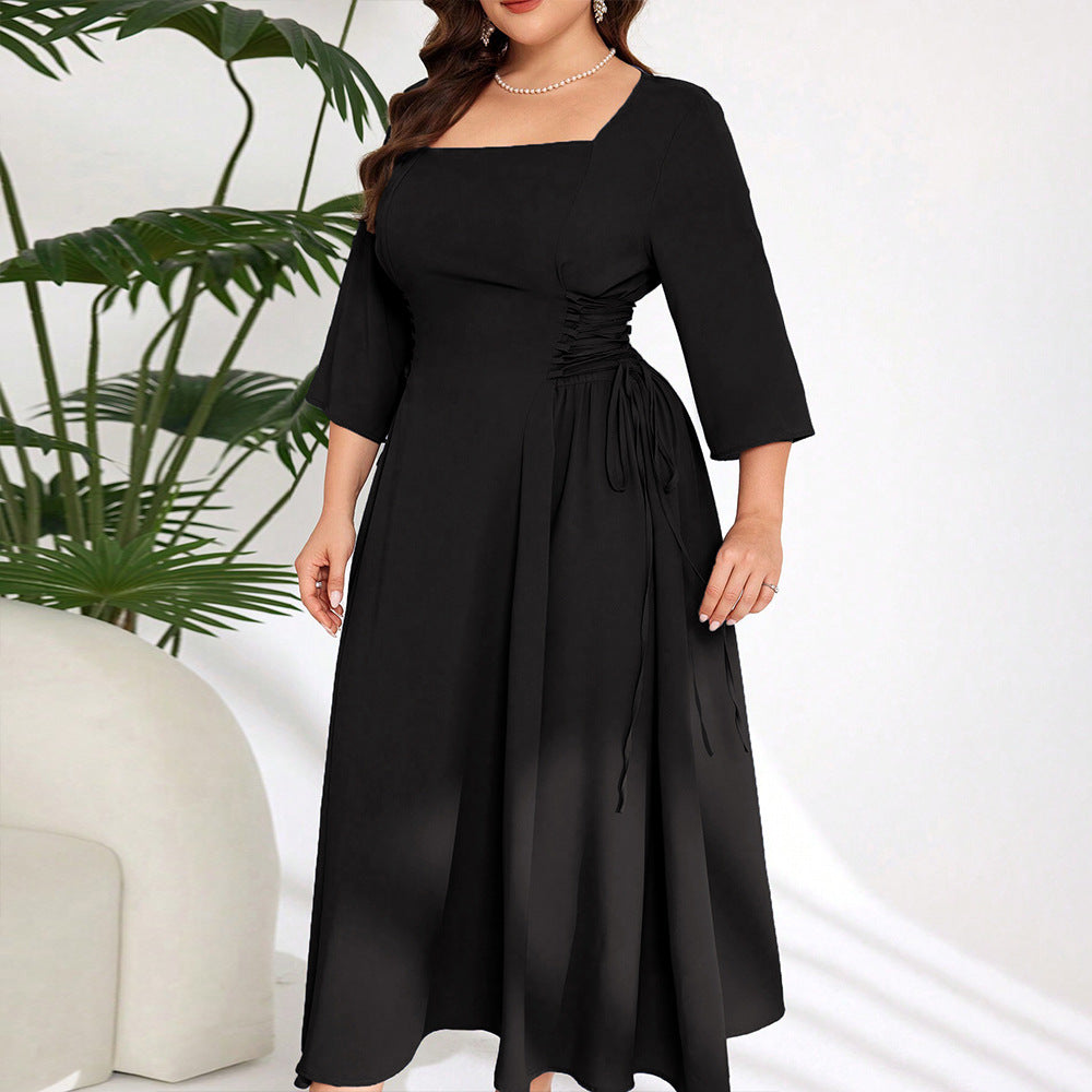 Damen Midi-Kleid mit schickem Quadrat-Ausschnitt und eleganten Rüschendetails EB