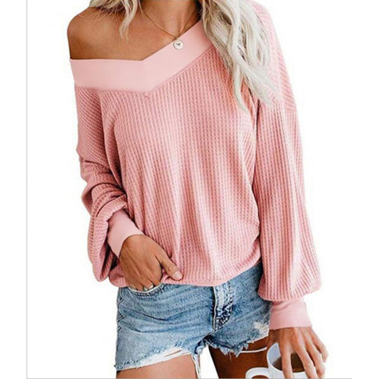 Damen Off‑Shoulder Waffelstrickpullover mit weitem Arm und elastischen Bündchen EB