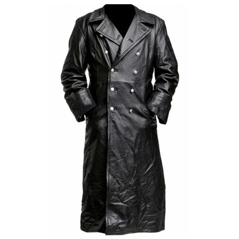 EB | langer Mantel - Taillierter Schnitt - Doppelreiher - Lederlook mit breiten Revers