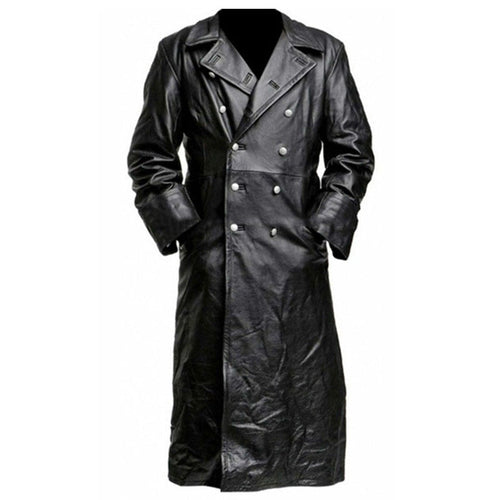 EB | langer Mantel - Taillierter Schnitt - Doppelreiher - Lederlook mit breiten Revers