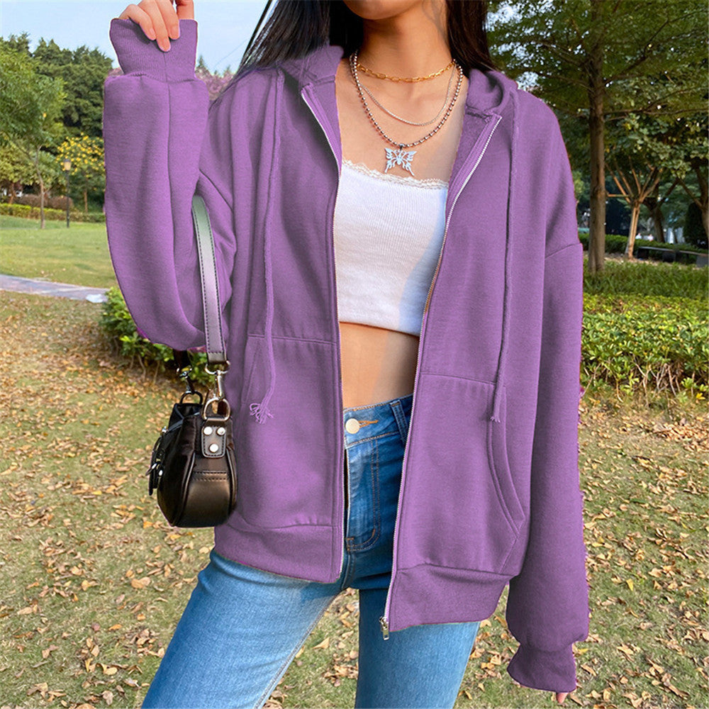 Damen nan legerer Kapuzen-Zipper mit Oversize-Passform, Kängurutaschen und durchgehendem Reißverschluss EB