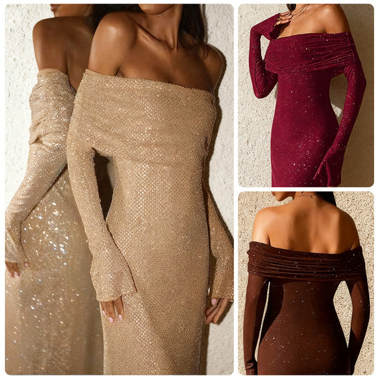 Damen Elegantes, schulterfreies Abendkleid mit glitzerndem Paillettenbesatz und figurbetonter Silhouette EB