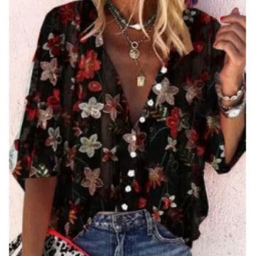 Damen Transparente Bluse mit floralen Stickereien und übergroßem Schnitt EB