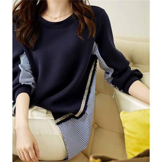 Damen nan Lagenlook-Sweatshirt mit gestreiftem Hemdsaum, Zierriegeln und verlängertem Rückteil EB